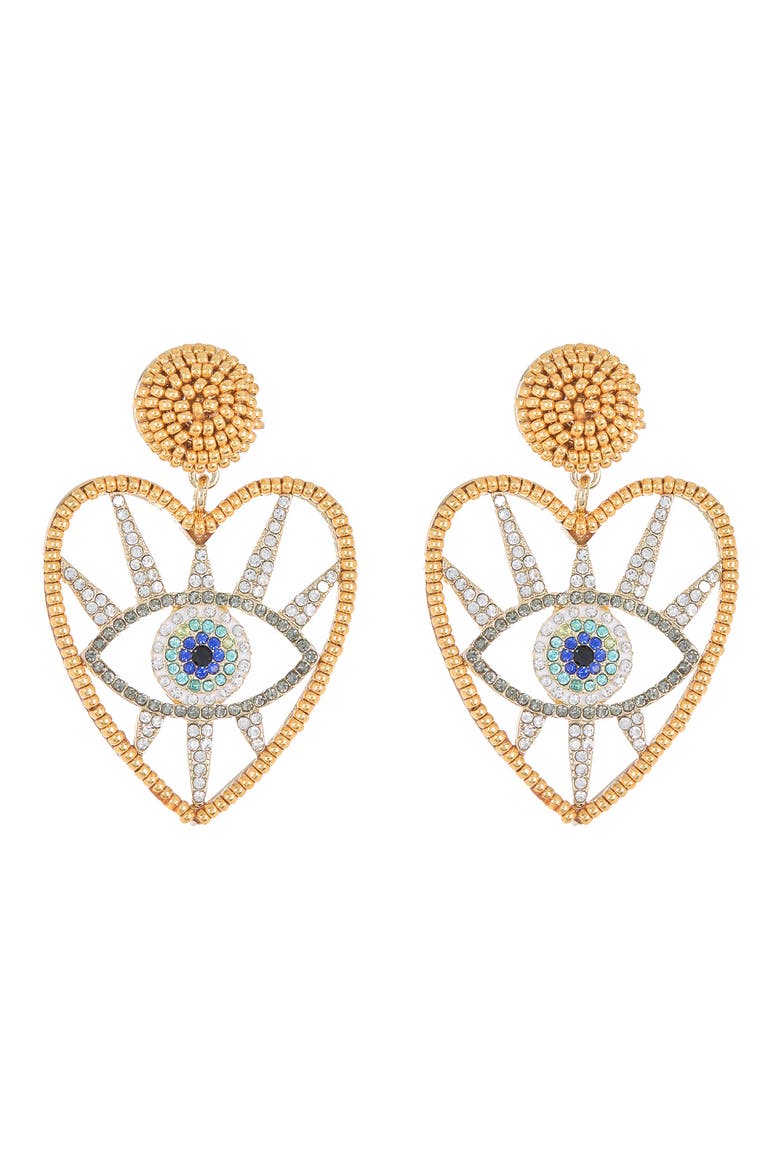 Evil Eye Blue Crystal Drop Earrings, Main, color, GOLD