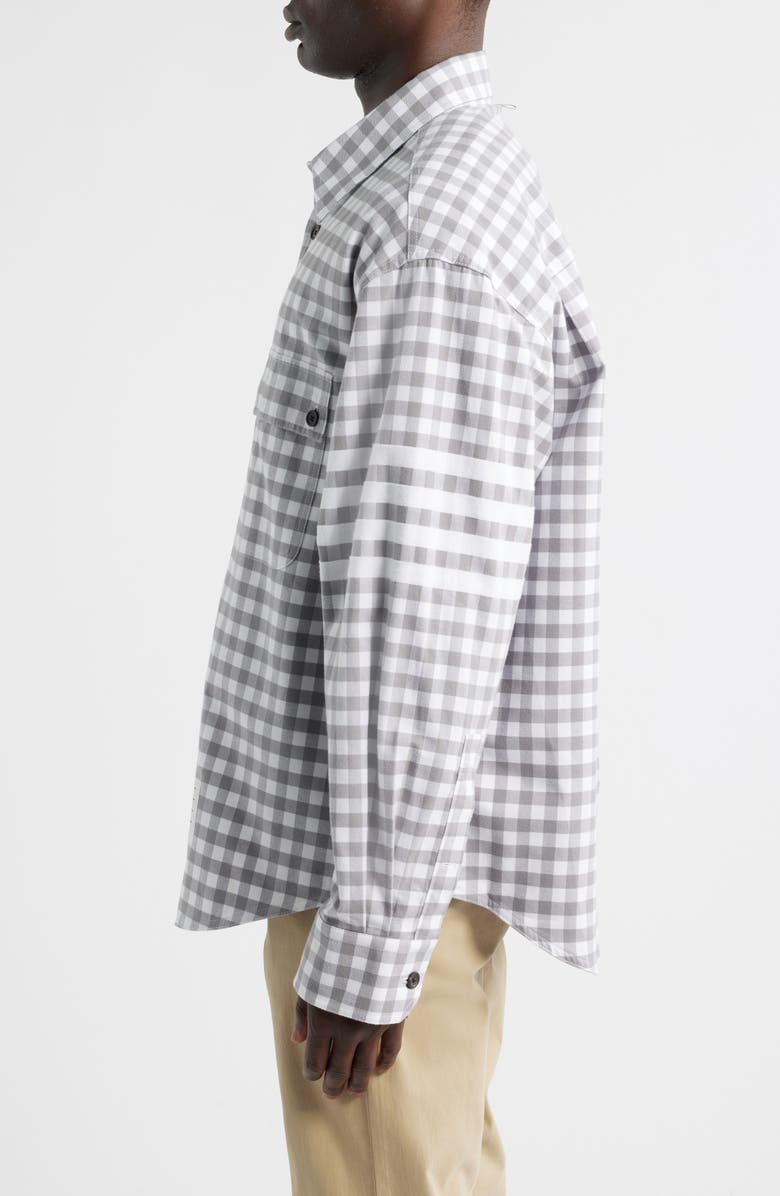 Thom Browne Oversize 4-Bar Gingham Check Flannel Button-Up Shirt, Alternate, color, Medium Grey