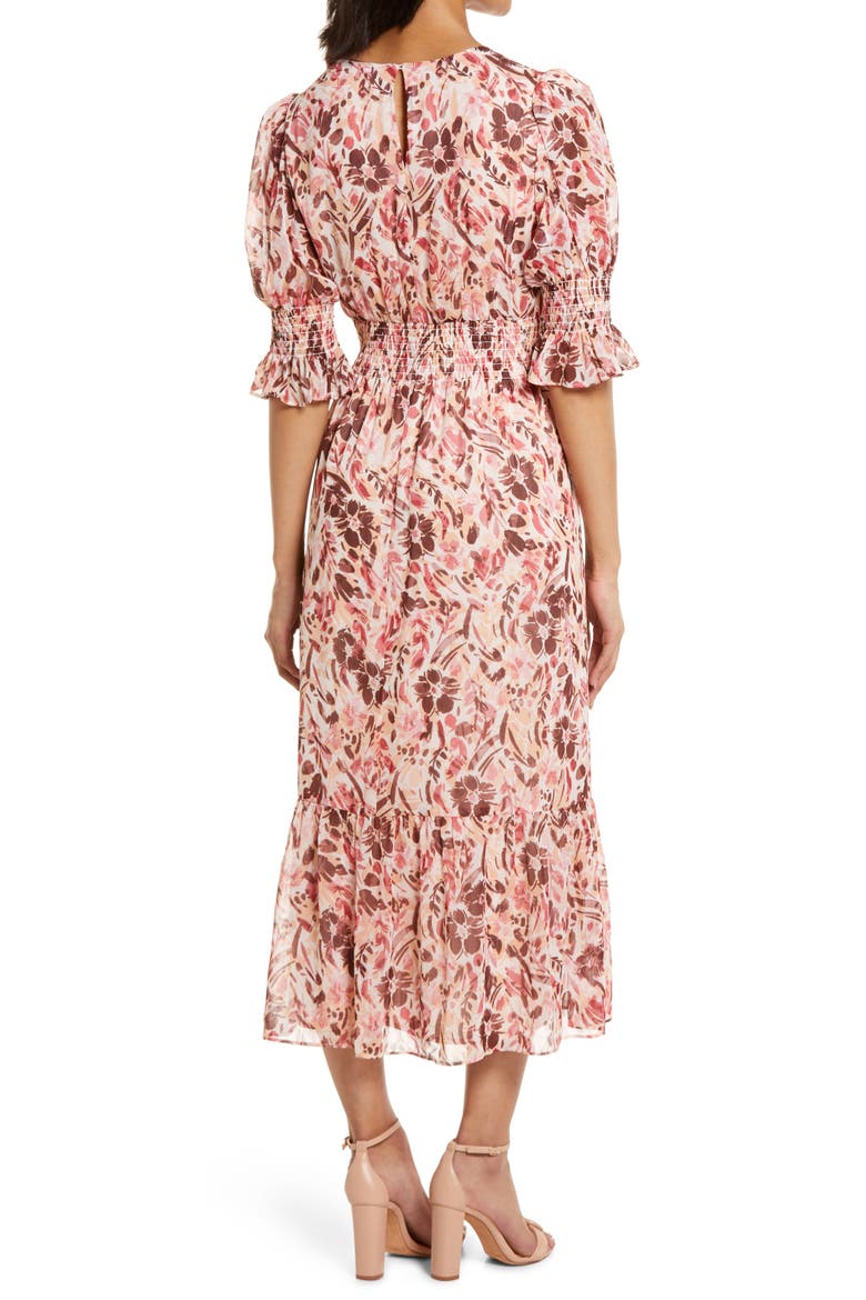 Floral Print Smocked Maxi Dress, Alternate, color, SOFT PEACH/ BURGUNDY