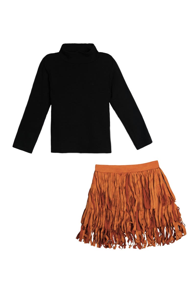 Mia Belle Girls Pumpkin Patch Turtleneck Top and Fringe Skort Set, Main, color, Black
