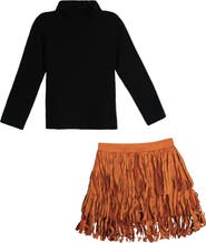 Mia Belle Girls Pumpkin Patch Turtleneck Top and Fringe Skort Set