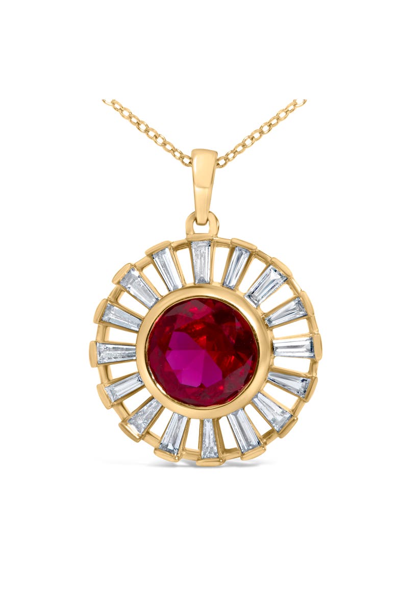14K Yellow Gold Plated Silver Created Red Ruby and Baguette Diamond Sunburst Medallion Pendant Necklace, Alternate, color, Yellow Gold over Silver