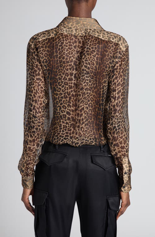 Tom Ford Leopard Print Silk Chiffon & Crepe Shirt In Brown