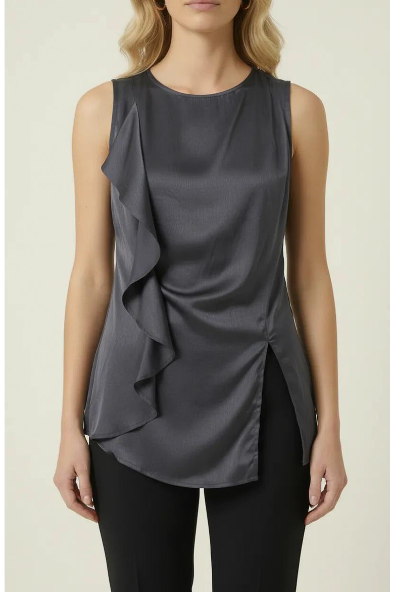 Sleeveless Blouse with Asymmetric Ruffle and Draped Detail, Main, color, Charcoal Gray