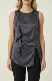 Modenaire Sleeveless Blouse with Asymmetric Ruffle and Draped Detail
