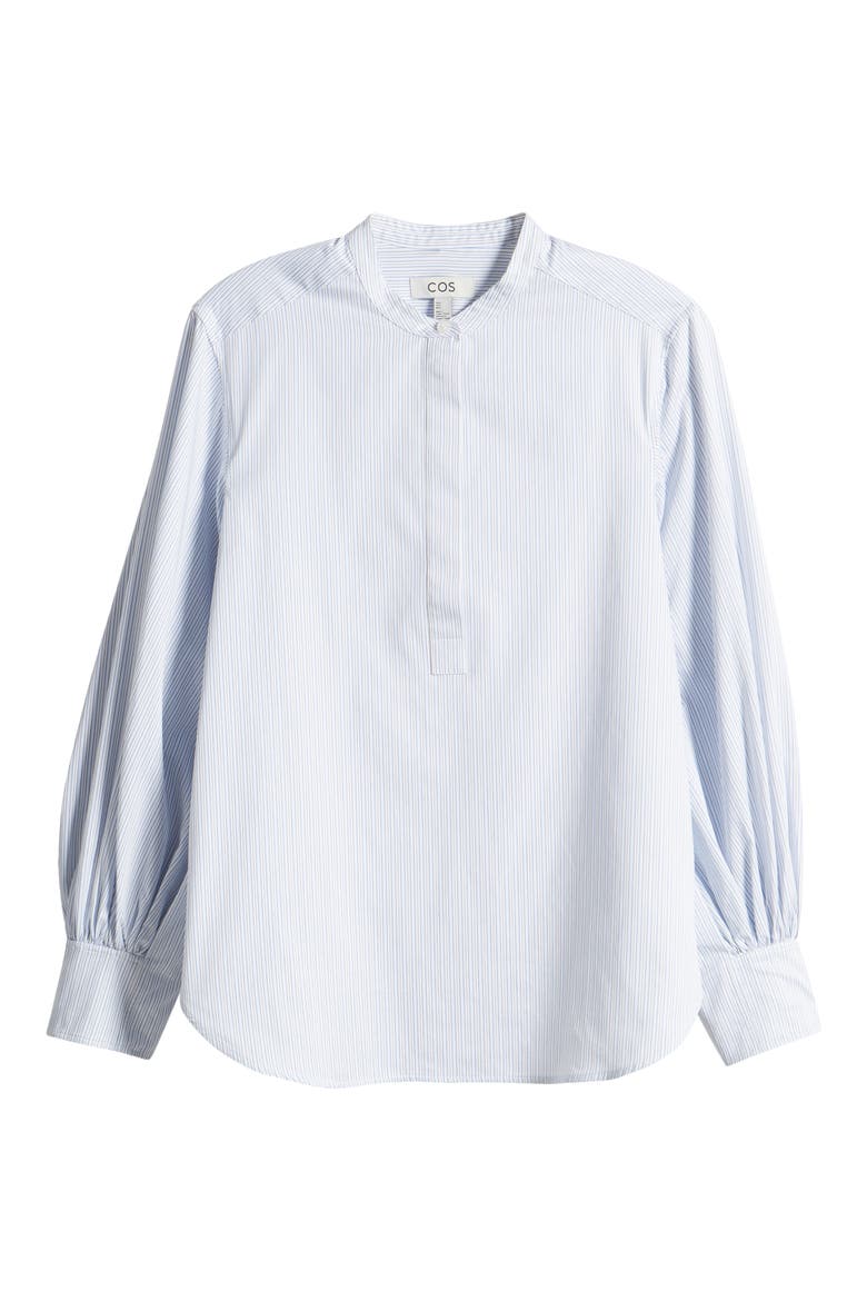 Gathered Grandad Collar Button Front Top, Alternate, color, BLUE MEDIUM SPLIT