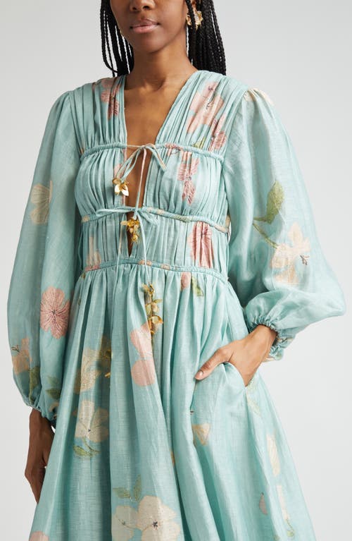 Shop Zimmermann Drawn Metallic Floral Long Sleeve Linen & Silk Dress In Mint Hibiscus