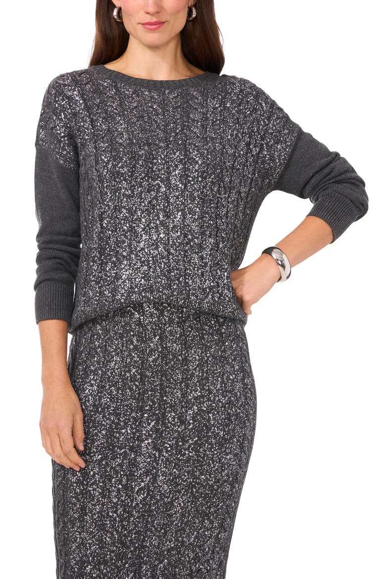 Metallic Foil Cable Sweater, Main, color, MED HEATHER GREY