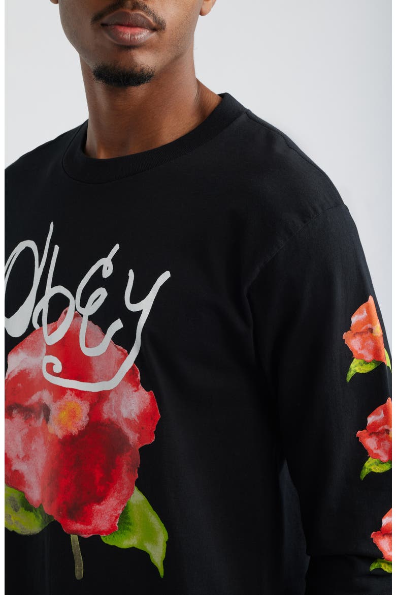 Watercolor Poppy Long Sleeve Cotton Graphic T-Shirt, Alternate, color, BLACK