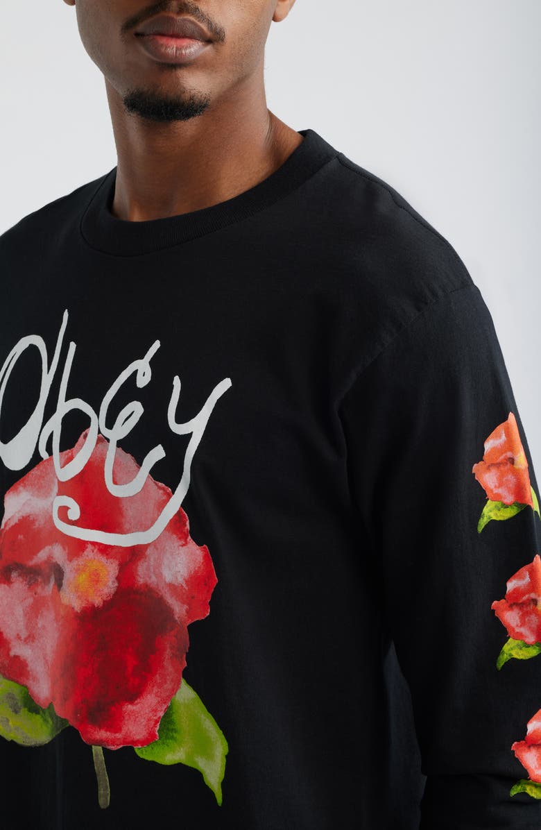 Obey Watercolor Poppy Long Sleeve Cotton Graphic T-Shirt, Alternate, color, Black