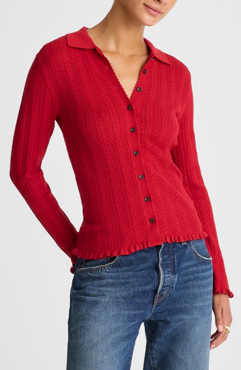Ruffle Trim Pointelle Cardigan