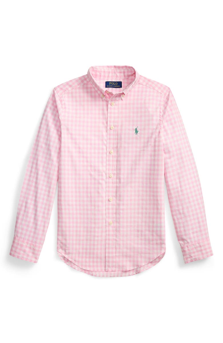Polo Ralph Lauren Kids' Gingham Check Cotton Poplin Button-Down Shirt, Main, color, Carmel Pink White