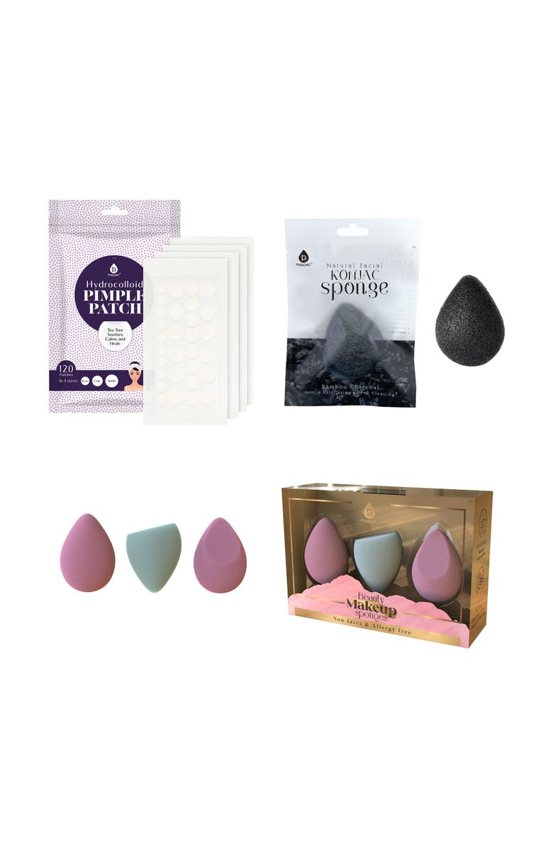 PURSONIC Beauty Essentials Bundle - 3-Pack Multi-Shape Makeup Sponges + Natural Charcoal Konjac Sponge + 120-Count Hydrocolloid Pimple Patch Set, Main, color, Multicolor