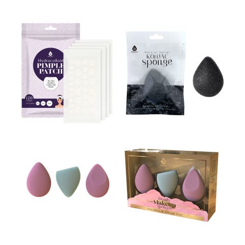 Beauty Essentials Bundle - 3-Pack Multi-Shape Makeup Sponges + Natural Charcoal Konjac Sponge + 120-Count Hydrocolloid Pimple Patch Set