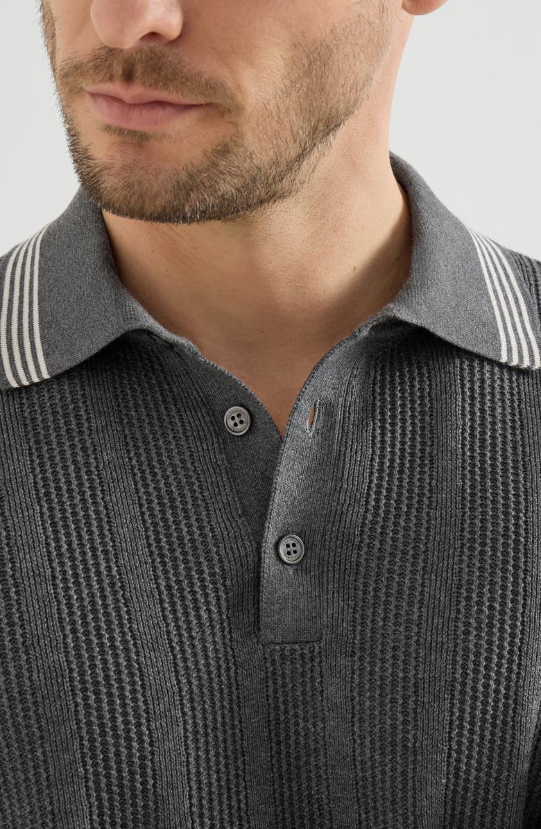 Brunello Cucinelli Cotton textured rib knit polo, Alternate, color, Anthracite