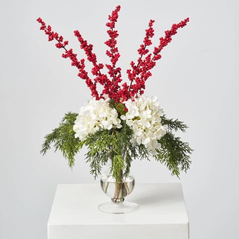 White Hydrangea, Red Ilex Berry & Real Touch Juniper Berry Arrangement