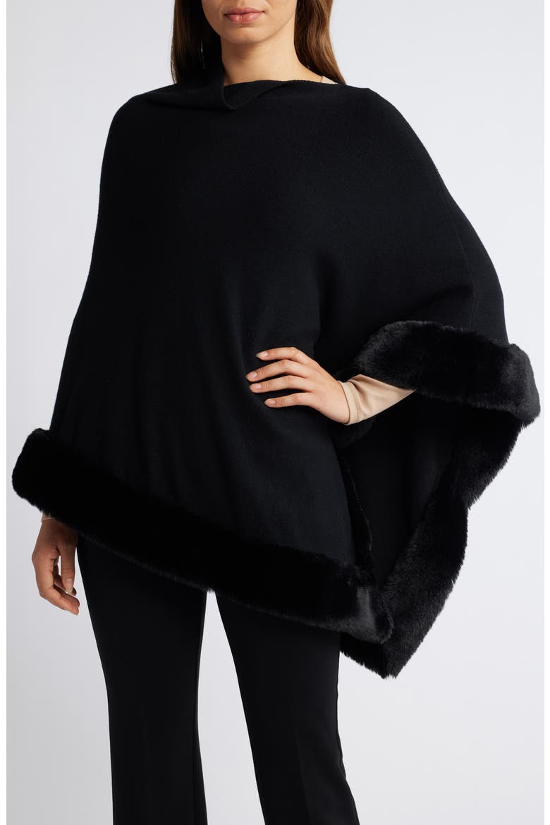 Faux Fur Trim Poncho, Main, color, ANNE BLACK