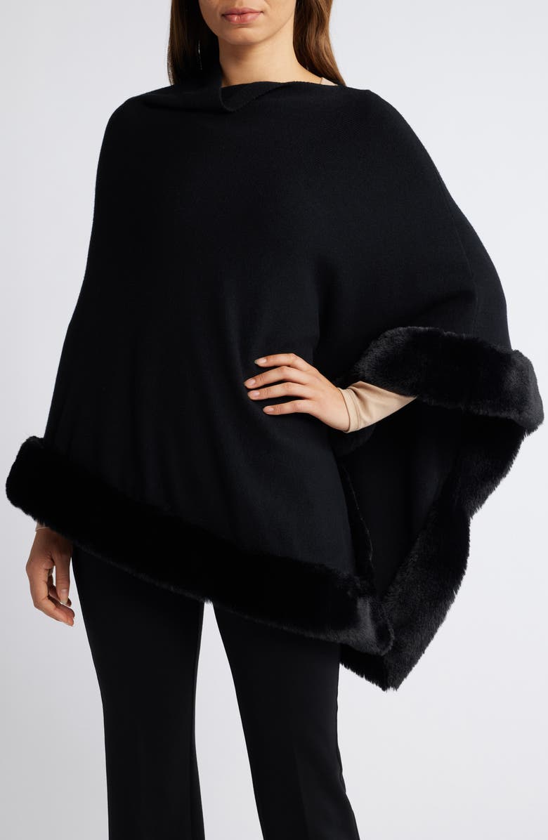 Anne Klein Faux Fur Trim Poncho, Main, color, 