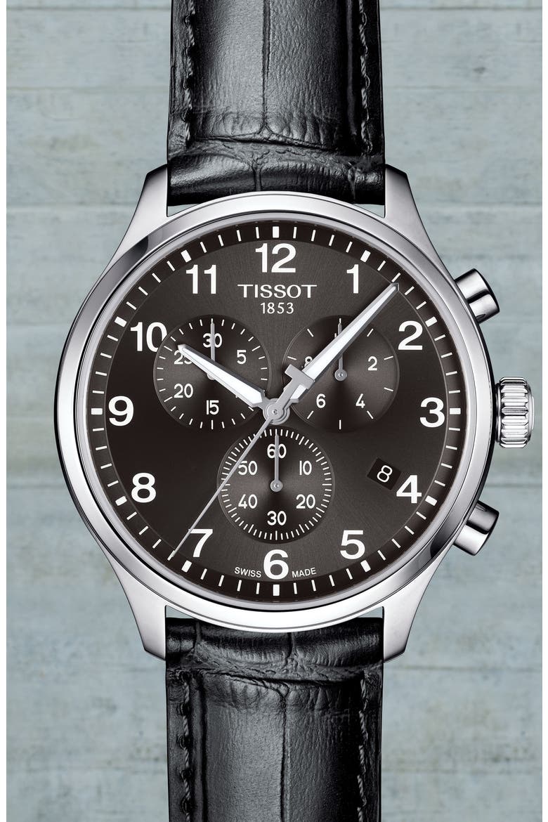 Chrono XL Collection Chronograph Leather Strap Watch, 45mm, Alternate, color, BLACK/ SILVER