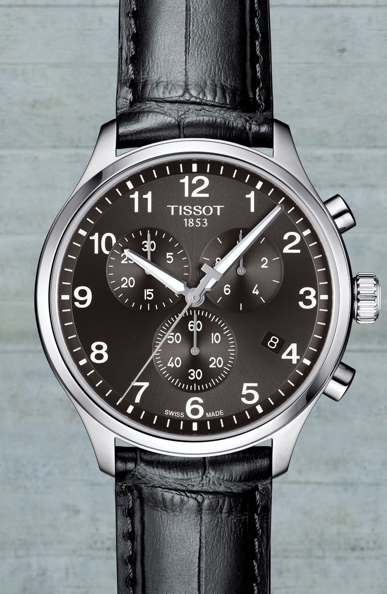 Tissot Chrono XL Collection Chronograph Leather Strap Watch, 45mm, Alternate, color, Black/ Silver