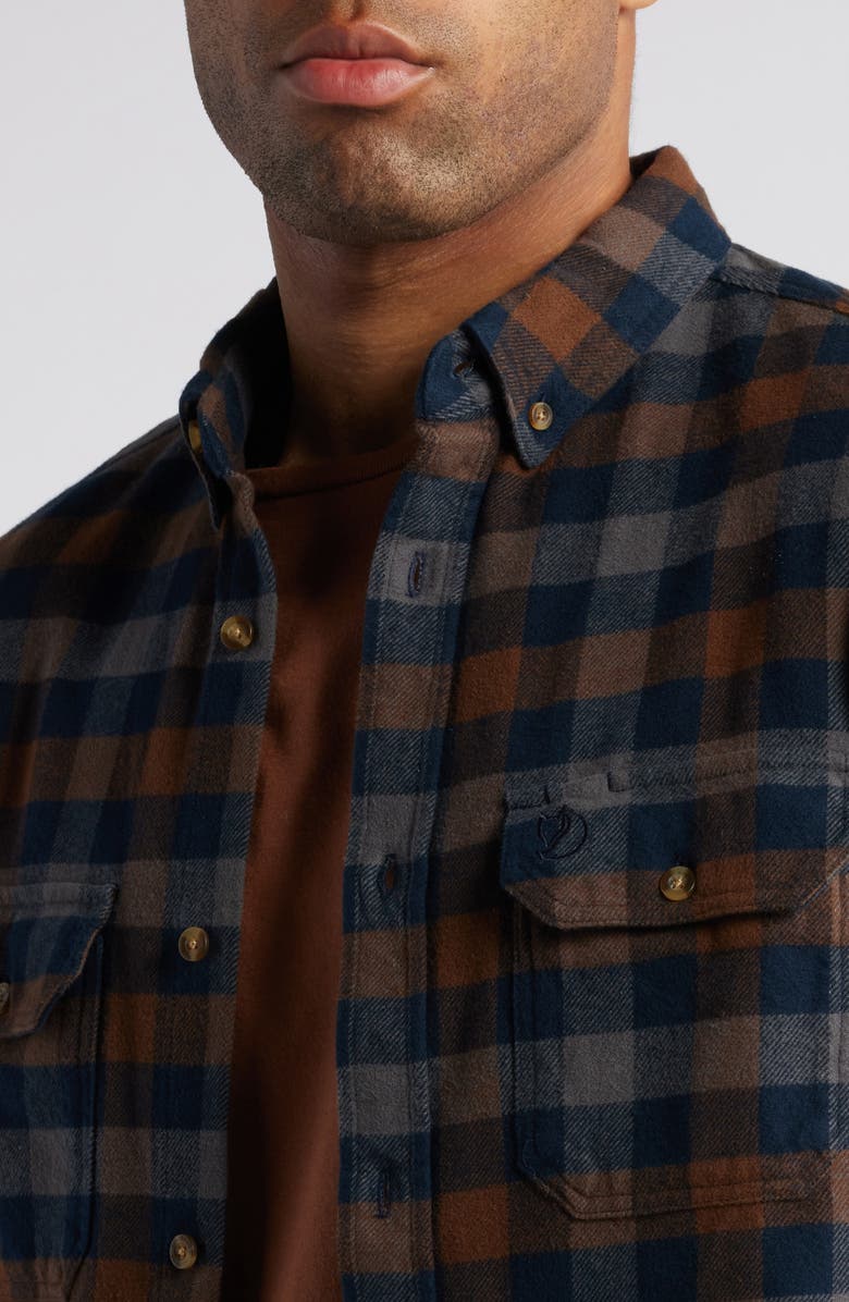 Fjällräven Skog Trim Fit Plaid Cotton Flannel Button-Down Shirt, Alternate, color, Dark Navy-Dark Oak