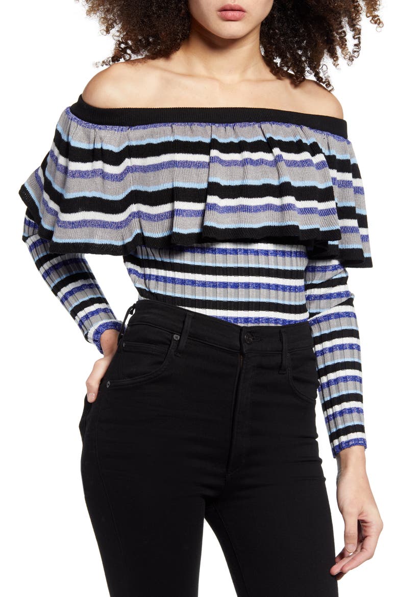 Stripe Off the Shoulder Sweater, Main, color, POWDER BLUE COMBO
