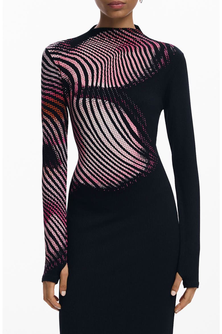 Funnel Neck Long Sleeve Rib Dress, Alternate, color, BLACK