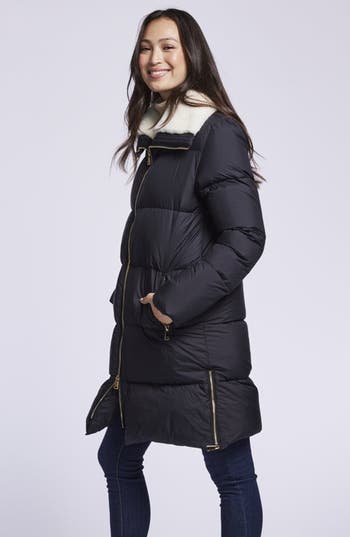 Blue Duck Water Resistant 700 Fill Power Down Coat With Genuine Shearling Trim In Black