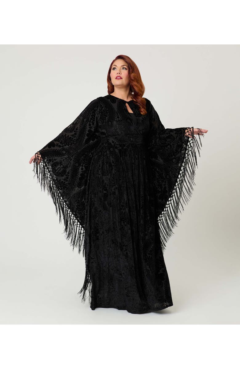 Unique Vintage Plus Size 1960s Fringe Flutter Sleeve Caftan, Main, color, Black