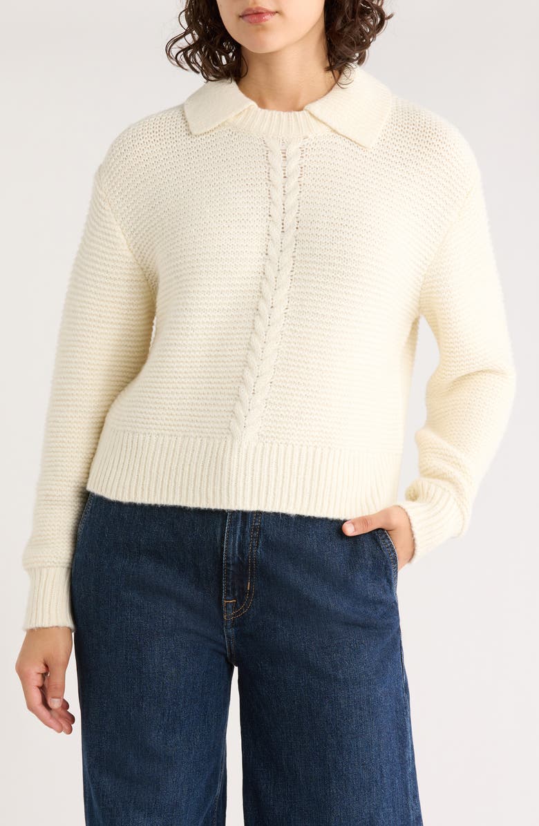 Marine Layer Everly Cable Detail Crop Polo Sweater, Main, color, Cream
