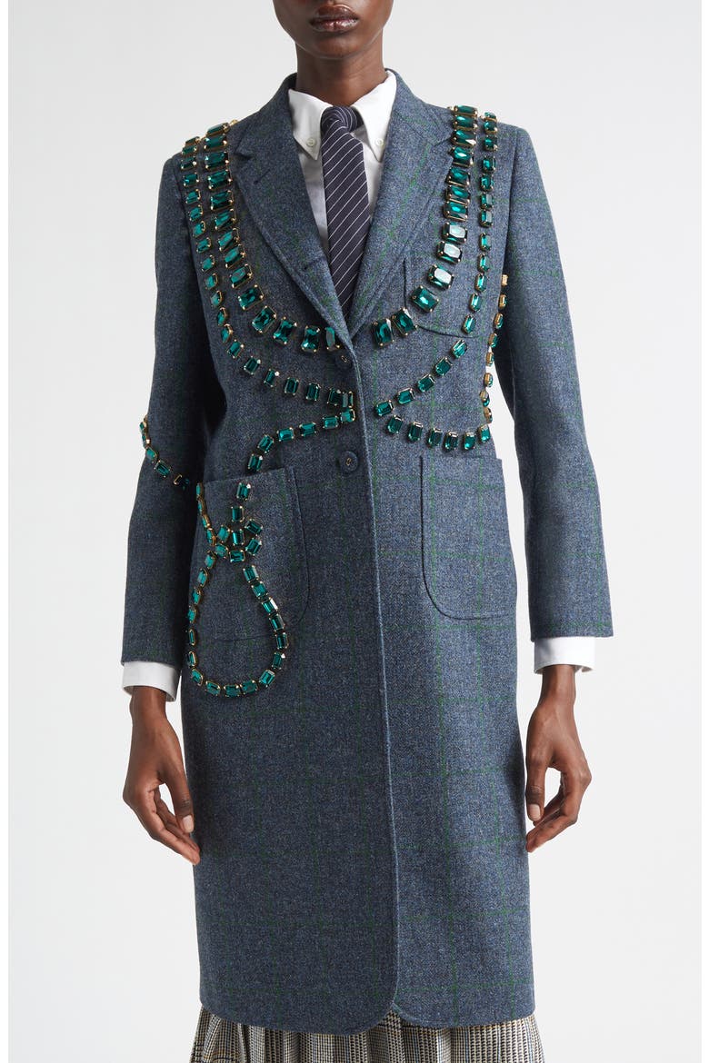 Windowpane Hunting Tweed Trompe L'Oiel Swarovski Crystal Long Jacket, Main, color, DEEP BLUE
