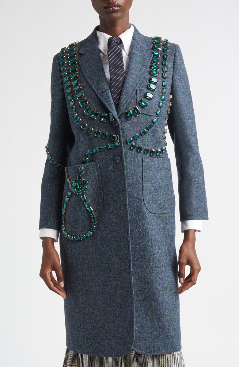 Thom Browne Windowpane Hunting Tweed Trompe L'Oiel Swarovski Crystal Long Jacket, Main, color,
