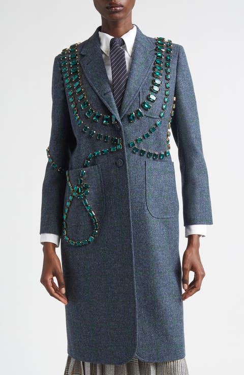 Windowpane Hunting Tweed Trompe L'Oiel Swarovski Crystal Long Jacket