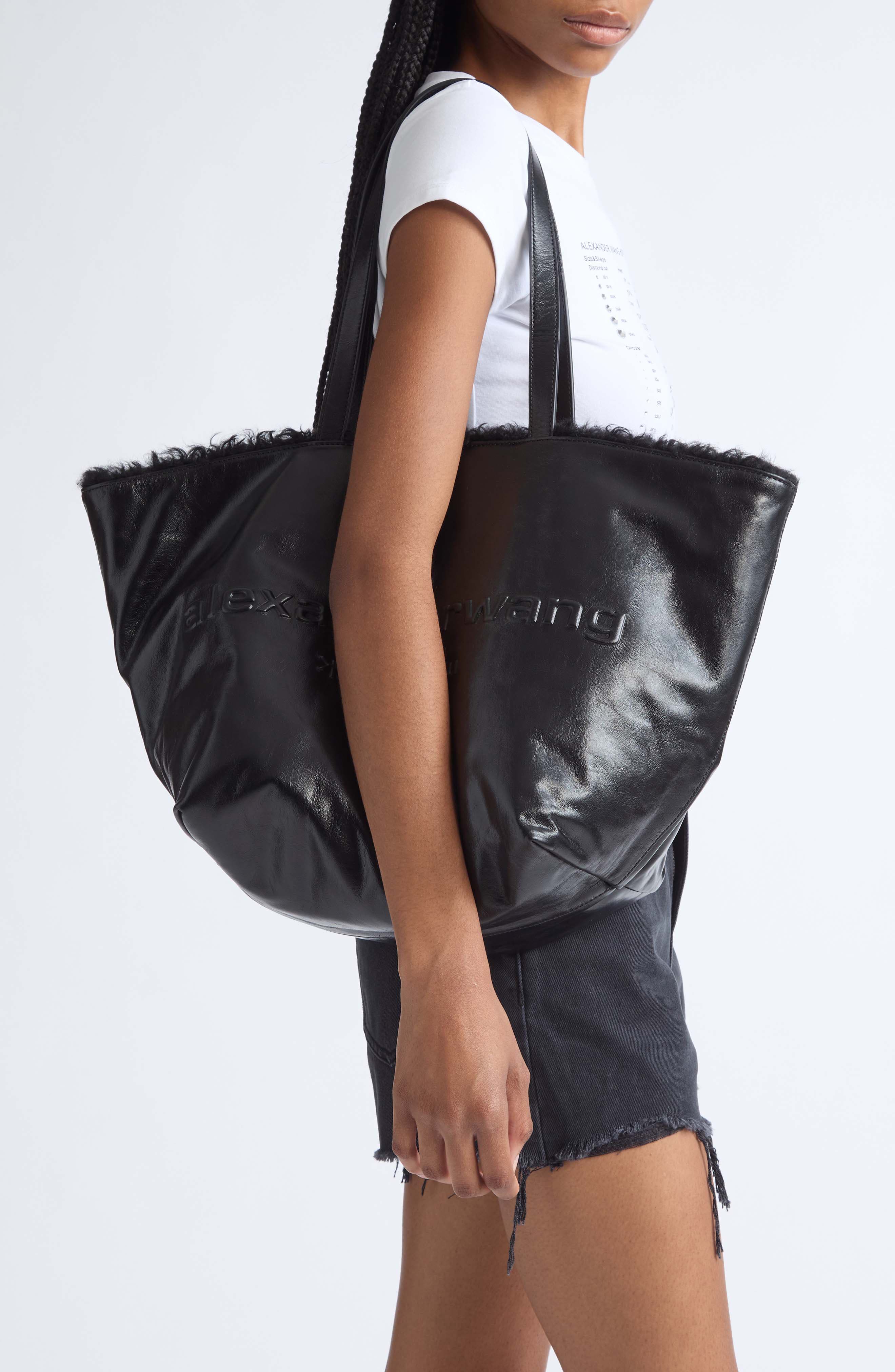 Punch Genuine Shearling Lined Leather Tote, Alternate, color, BLACK