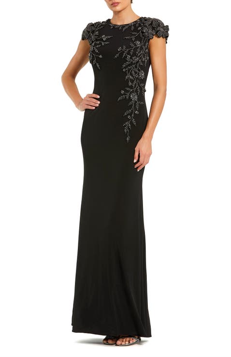 Jersey Cap Sleeve Fitted Gown With Beaded Flowers