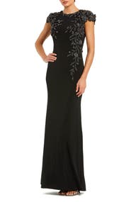 Mac Duggal Jersey Cap Sleeve Fitted Gown With Beaded Flowers