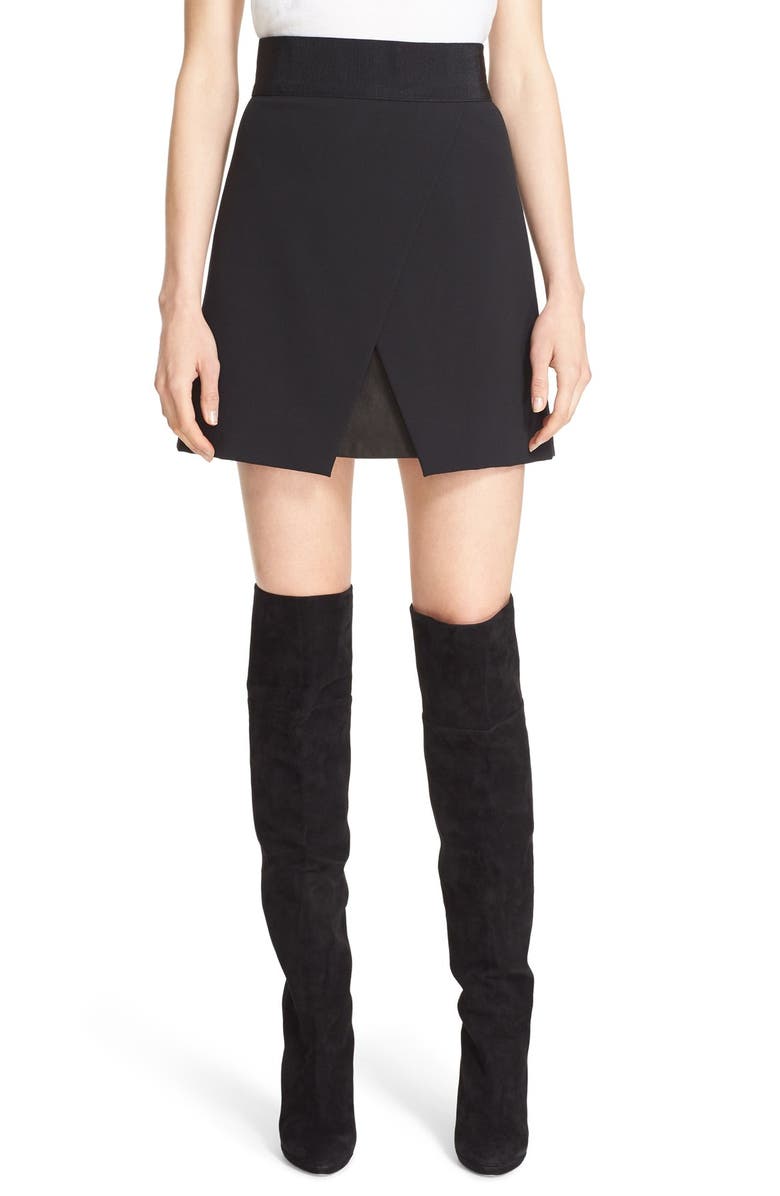 Alice + Olivia 'Ericka' Leather Inset Faux Wrap Skirt, Main, color, 