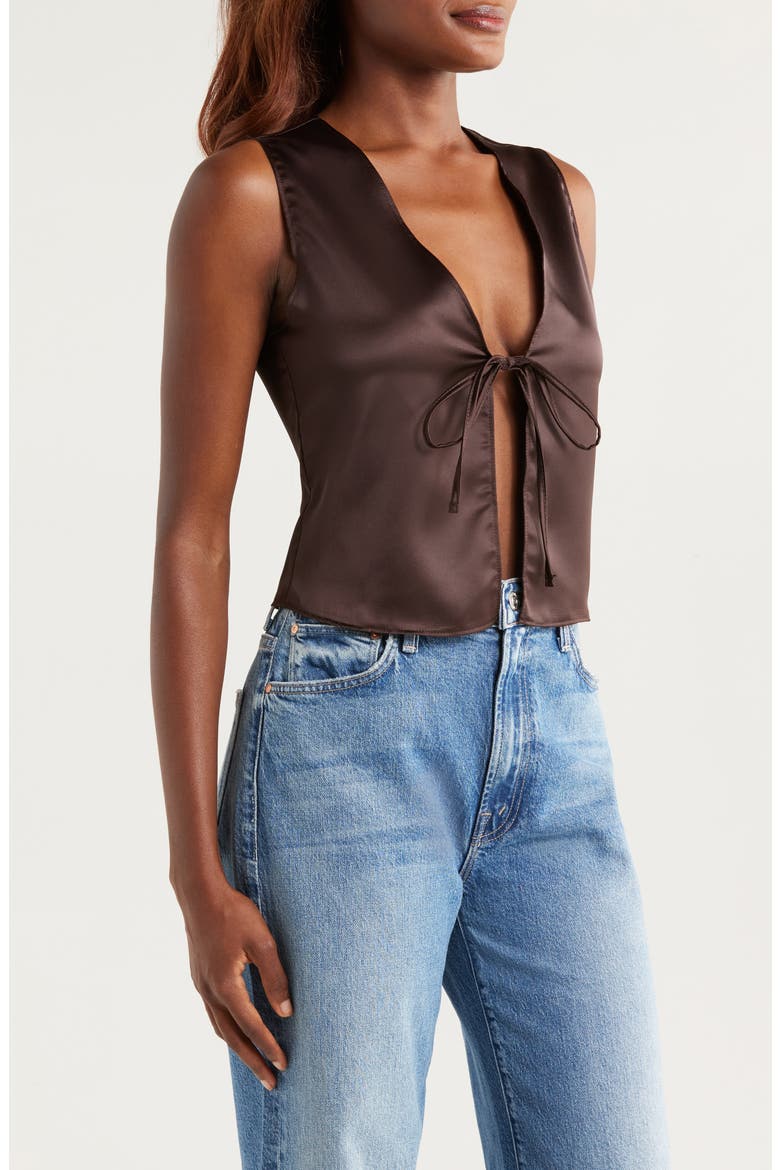 Tie Front Satin Vest, Alternate, color, CHOCOLATE