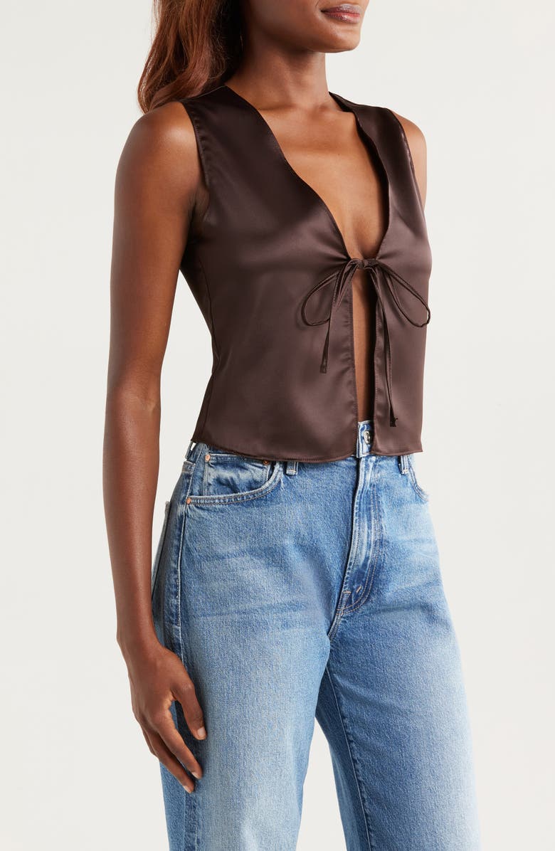 NASTY GAL Tie Front Satin Vest, Alternate, color, Chocolate