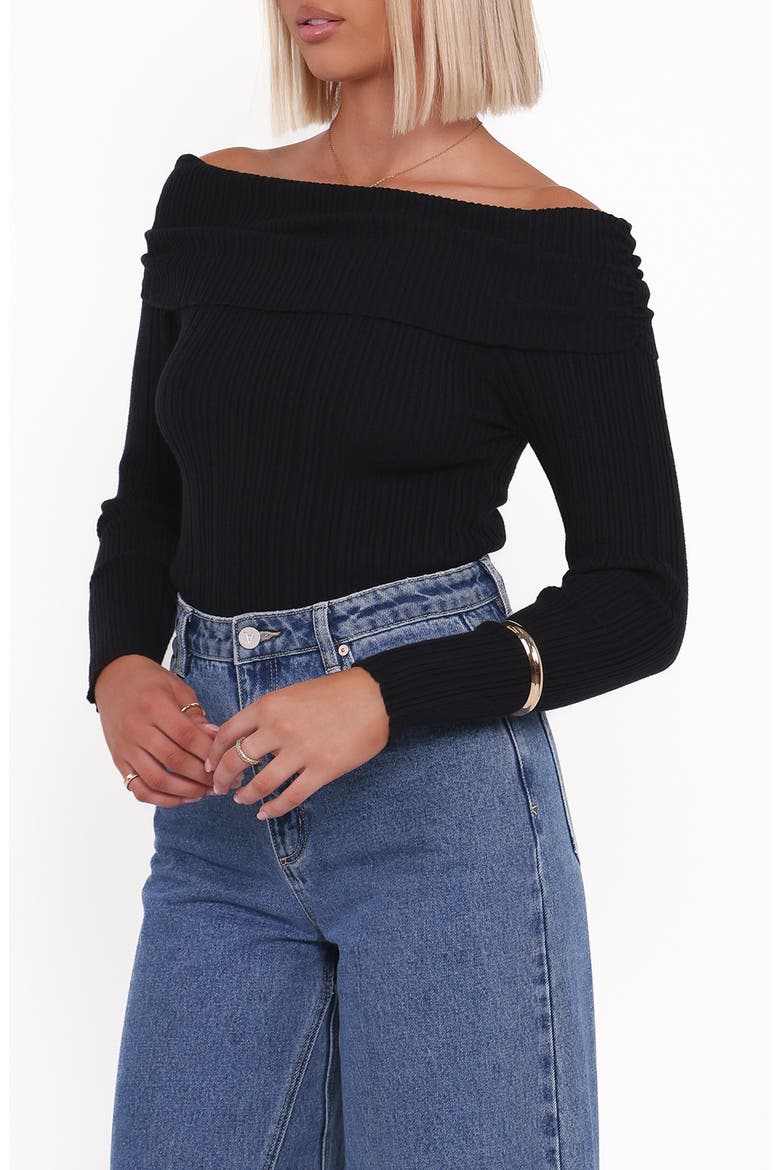 Junia Tie Back Off the Shoulder Rib Top, Alternate, color, BLACK