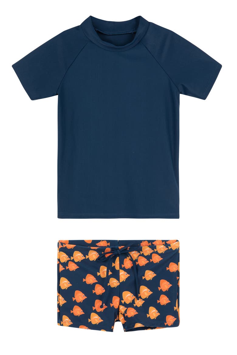 Little Gents Short Sleeve Swim Short Set, Main, color, Navy