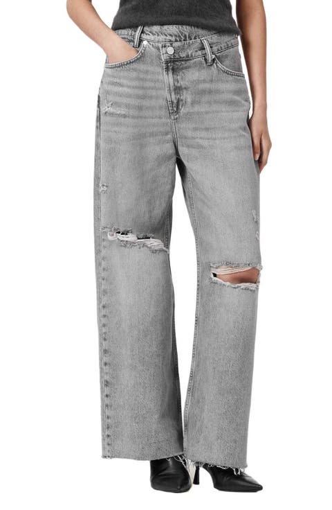 Aki Crossover Ripped Raw Hem Wide Leg Jeans (Destroy Grey)