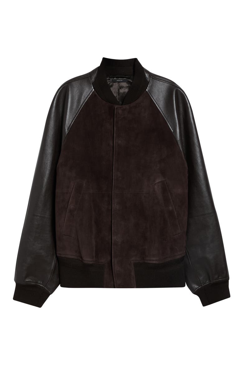 Suede & Leather Bomber Jacket, Alternate, color, DARK BROWN
