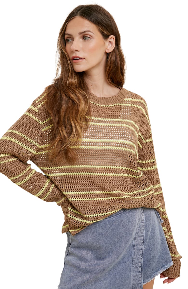 WISHLIST Stripe Open Knit Sweater, Alternate, color, Mocha/ Lime