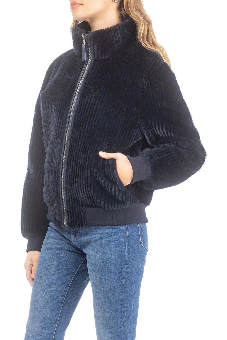 Reversible Grooved Genuine Shearling Insignia Bomber Jacket, Alternate, color, Navy/Black