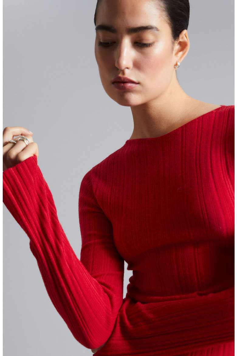 Bell Sleeve Wool Rib Sweater, Alternate, color, RED