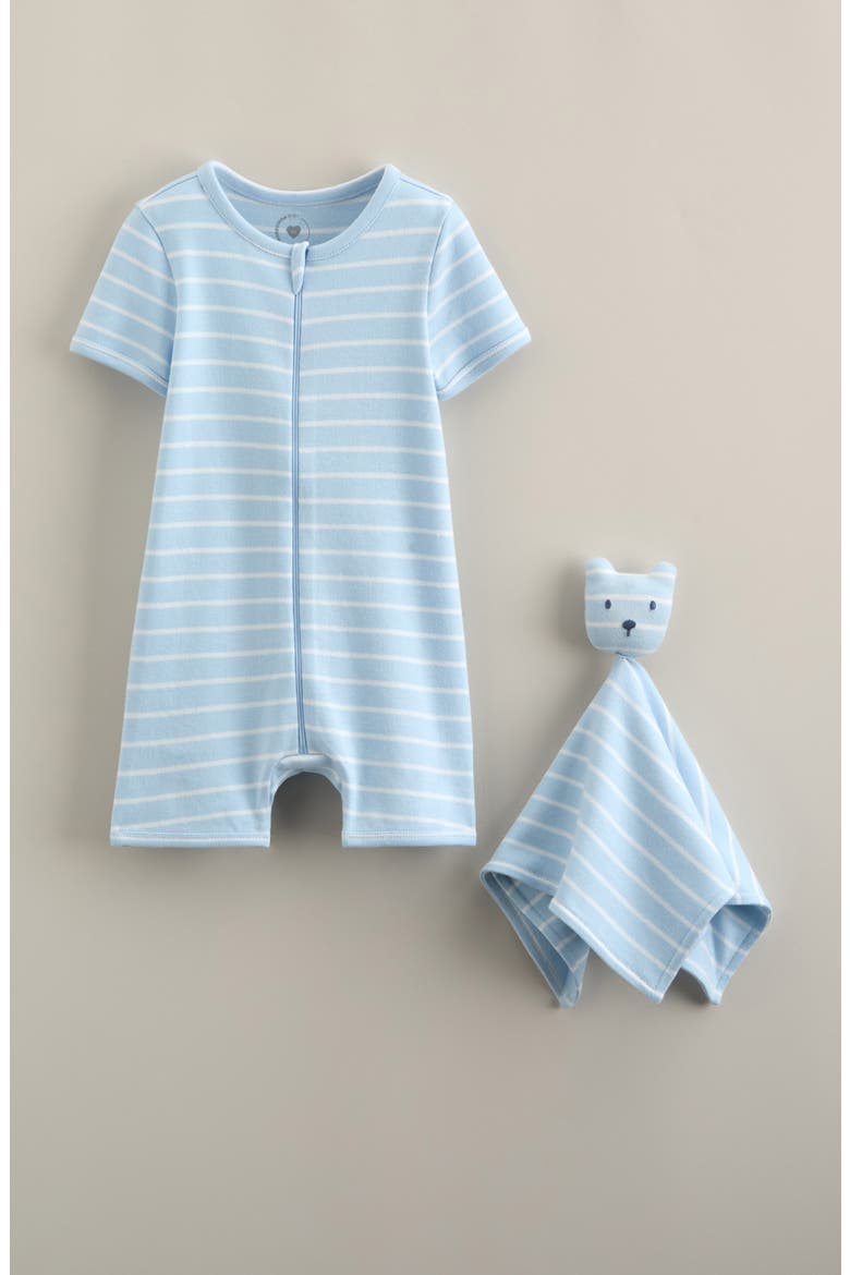 Stripe Cotton Romper & Lovey Set, Main, color, BLUE OMPHALODES ERIC STRIPE