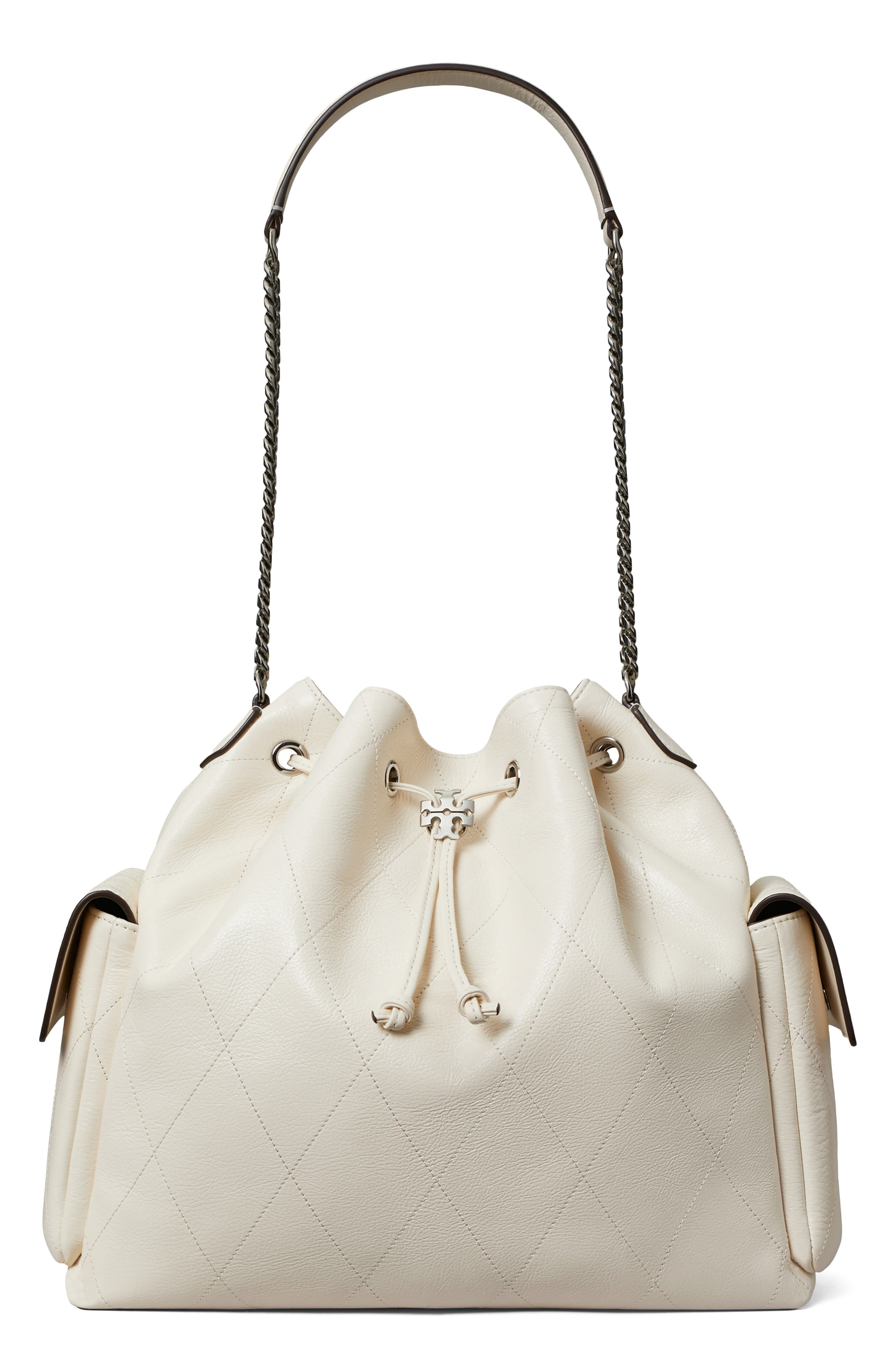 Tory Burch Large Charlie Quilted Leather Drawstring Shoulder Bag, Main, color, Light Cream