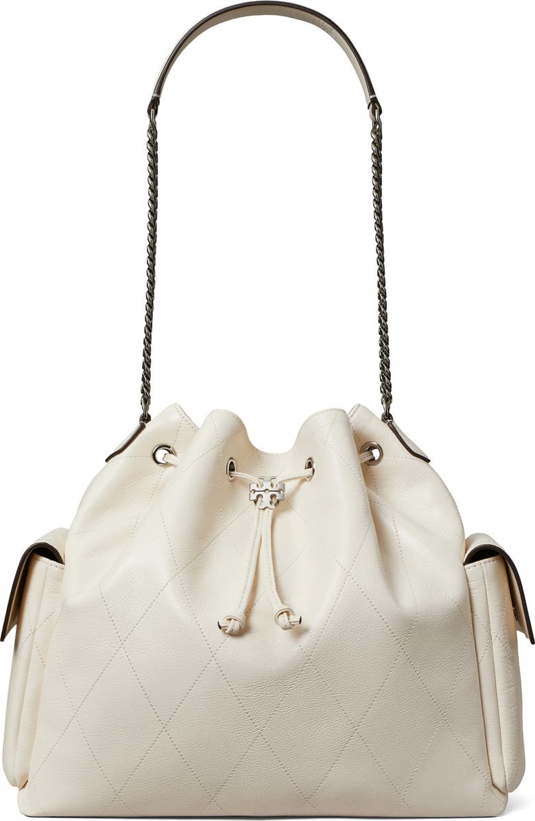 Tory Burch Large Charlie Quilted Leather Drawstring Shoulder Bag, Main, color, Light Cream
