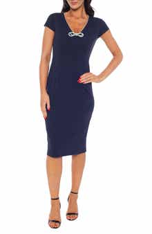 Marina Crystal Embellished Neck Cape Sleeve Sheath Cocktail Dress